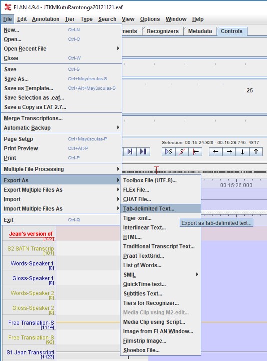 ELAN interface to export file