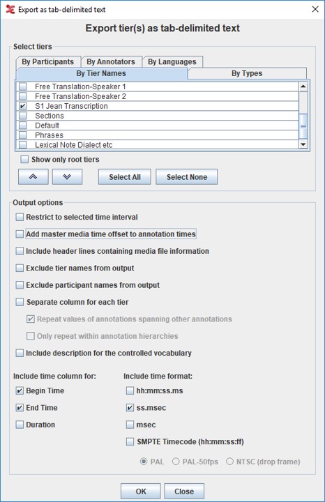 ELAN interface to export file