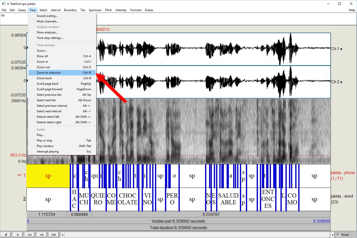 How to zoom into a part of a Praat TextGrid